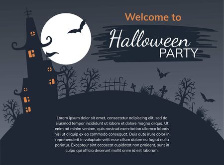 Halloween night background with haunted house and full moon. Flyer or invitation template for Halloween party.のイラスト素材