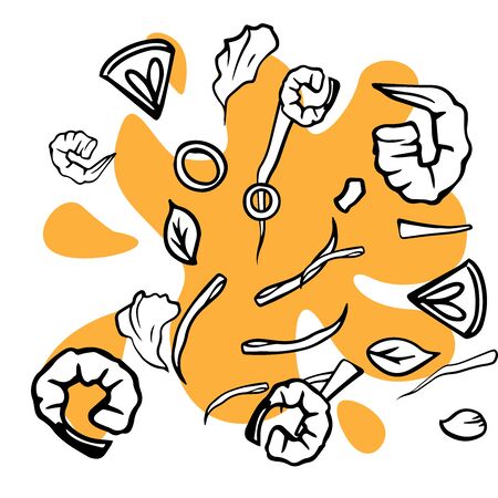 doodle sketch of shrimp and lemon slices on a white background, cartoon drawing of ingredients on a white backgroundのイラスト素材