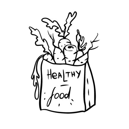 doodle sketch carrots in paper bag, healthy food iconのイラスト素材