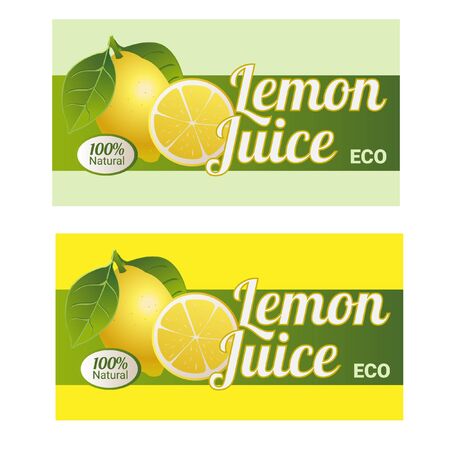 Fresh lemonade banner with lemon, splash, fruit slice, ice cubes and drops on gradient yellow background for brand, template, label,emblem and store,packaging, packing and advertising.のイラスト素材