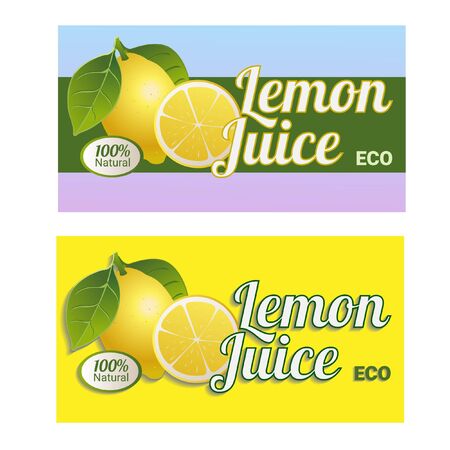 Fresh lemonade banner with lemon, splash, fruit slice, ice cubes and drops on gradient yellow background for brand, template, label,emblem and store,packaging, packing and advertising.のイラスト素材