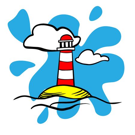 Doodle sketch lighthouse on the island, cartoon colored drawing on a white backgroundのイラスト素材