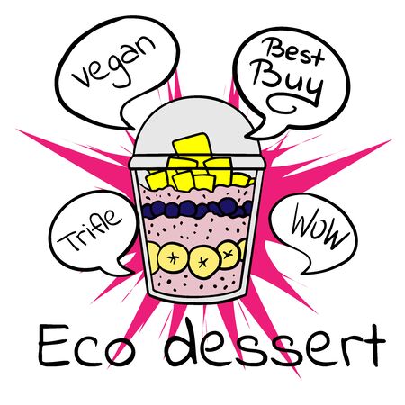 Doodle sketch eco dessert in a glass, Homemade Organic Fresh Fruit Parfait. Vegan Dessert Illustrationのイラスト素材
