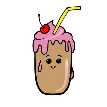 Doodle sketch milkshake with a cherry, cartoon drawing. Cute kawaiiのイラスト素材
