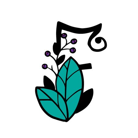 doodle sketch letter with leaves and berries on a white backgroundのイラスト素材