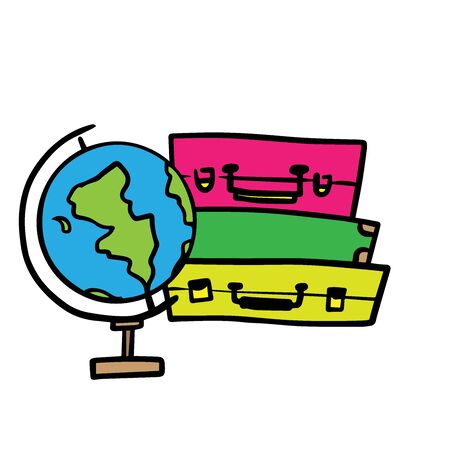 Doodle sketch suitcases and globe on a blue background, drawing for your layout, advertising, site.のイラスト素材