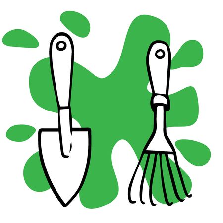 doodle sketch garden tools on white background, cartoon drawing inventoryのイラスト素材