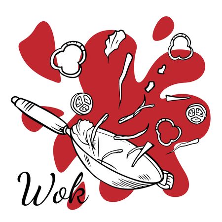 illustration of a Chinese wok pan with flying ingredients. Asian fast street food, rice noodles and vegetables. Vintage hand drawn style.のイラスト素材