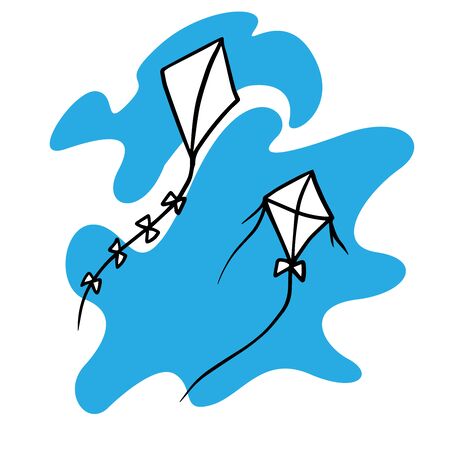 Doodle sketch of kites in the sky, cartoon drawing on a blue backgroundのイラスト素材