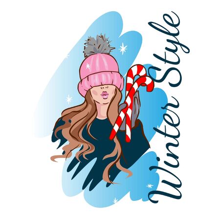 Fashion drawing girl in a winter hat with lollipops, winter illustration for layout, postcard, websiteのイラスト素材