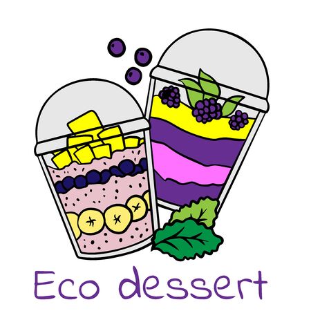  Doodle sketch eco dessert in a glass, Homemade Organic Fresh Fruit Parfait. Vegan Dessert Illustrationのイラスト素材