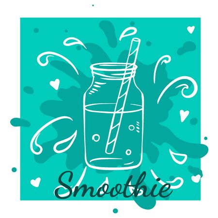Smoothie or Detox in in glass bottle in sketch style with typographyのイラスト素材
