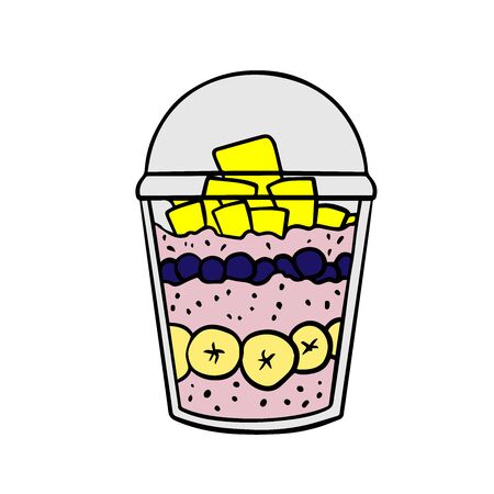 Doodle sketch eco dessert in a glass, Homemade Organic Fresh Fruit Parfait. Vegan Dessert Illustrationのイラスト素材