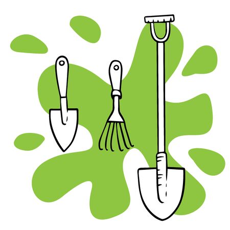doodle sketch garden tools on white background, cartoon drawing inventoryのイラスト素材