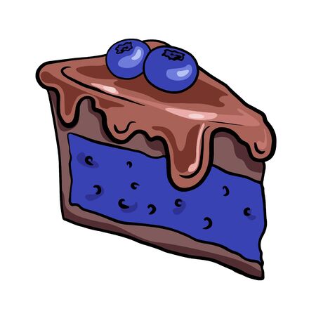  Hand drawn piece of chocolate cake with blueberries, illustration of sweets on a white background, doodle, sketch.のイラスト素材