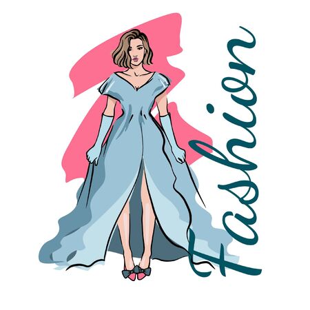 Freehand drawing of a beautiful woman in an evening blue dress. Fashion sketch girl illustration.のイラスト素材