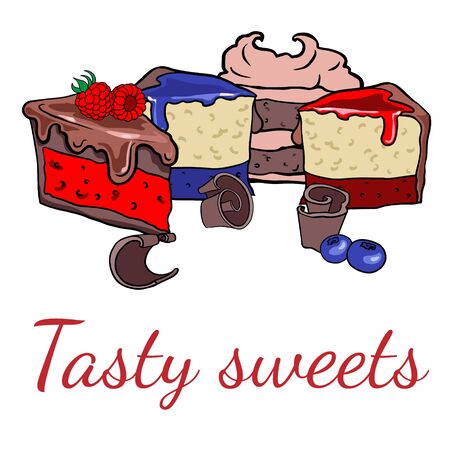 Doodle sketch sweets, illustration of different cakes on a white background, freehand drawing for wai advertising, logo, layout.のイラスト素材