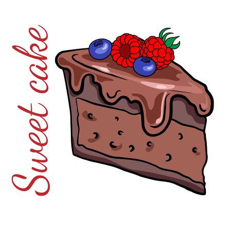 Doodle sketch a piece of chocolate cake with berries, raspberries and blueberries. Illustration of a sweet cake on a white background.のイラスト素材