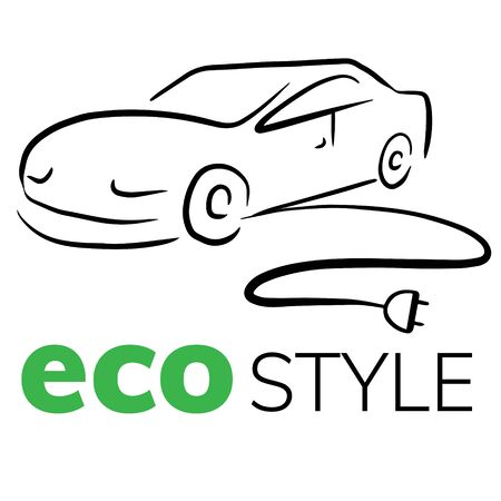  Doodle sketch illustration of an electric car on a white background. Icon of an electro car with a charging wire.のイラスト素材