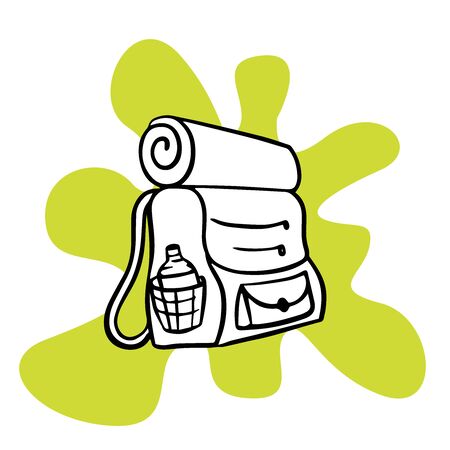 doodle sketch backpack for hike, cartoon illustration. Vacation, active rest.のイラスト素材