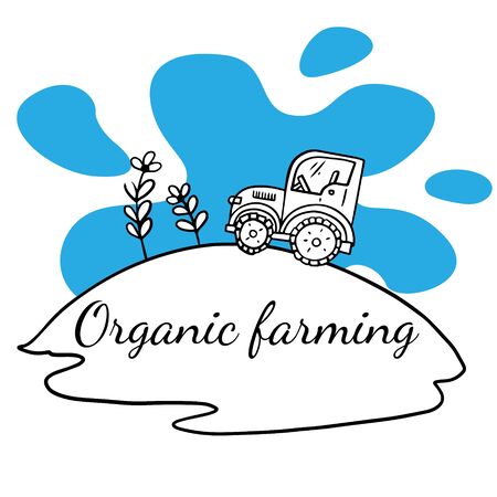  Doodle sketch tractor in the field, cartoon drawing of an organic farm, illustration on white backgroundのイラスト素材