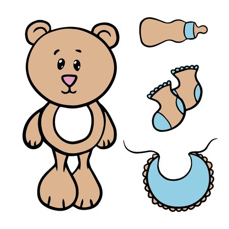  Doodle sketch toy bear, socks and bottle, illustration on a white background for your postcard, layout, site.のイラスト素材
