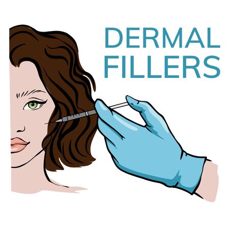  Cosmetic anti age treatment. Beautician makes an injection into the face of a woman. Simple illustration, doodle, sketch.のイラスト素材