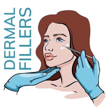 Cosmetic anti age treatment. Beautician makes an injection into the face of a woman. Simple illustration, doodle, sketch.のイラスト素材