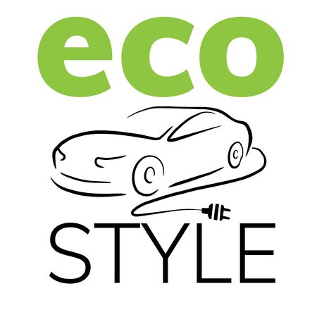  Doodle sketch illustration of an electric car on a white background. Icon of an electro car with a charging wire.のイラスト素材