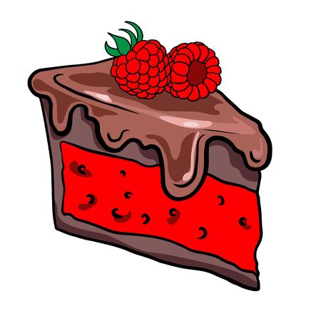  Hand drawn piece of chocolate cake with raspberry, illustration of sweets on a white background, doodle, sketch.のイラスト素材