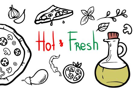 Italian pizza and ingredients top view frame. Italian food menu design template. Vintage hand drawn sketch, vector illustration. Engraved style illustration. Pizza label for menu.のイラスト素材