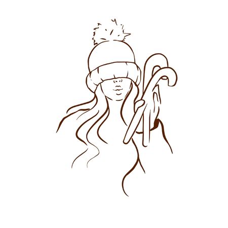 Doodle sketch girl in winter hat with lollipops, fashion illustration on a white background.のイラスト素材