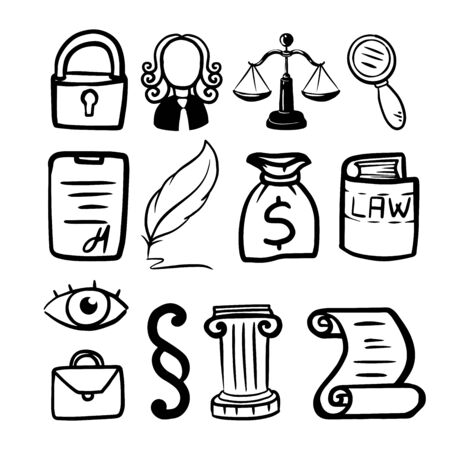 Symbol of law and justice. Conceptual law and justice. Scales of justice, a judge, a pen, a paper roll. Vector illustration doodleのイラスト素材