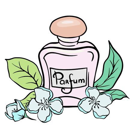 Perfume bottle and flowers. Doodle sketch perfume bottle on white backgroundのイラスト素材