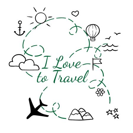 doodle sketch icons travel, plane, suitcase, anchor, sun, clouds on white backgroundのイラスト素材