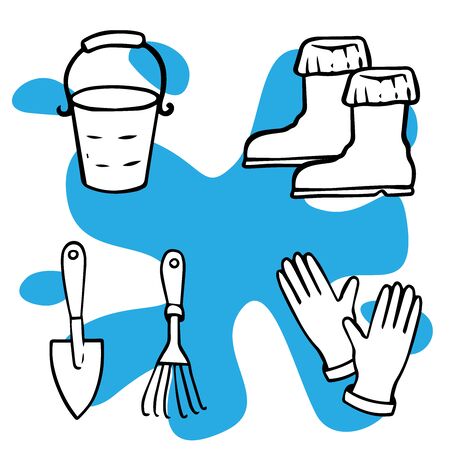 doodle sketch garden tools on white background, cartoon drawing inventoryのイラスト素材