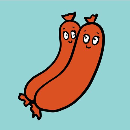  Cute and satisfied sausages on blue backgroundのイラスト素材