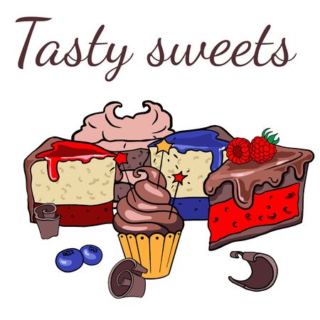 Doodle sketch sweets, illustration of different cakes on a white background, freehand drawing for wai advertising, layout.のイラスト素材