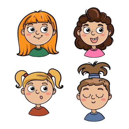 Collection of portraits of children in cartoon style. Cute characters kids girlsのイラスト素材