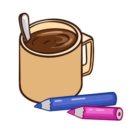Doodle sketch tea or coffee mug with pencils. Simple, flat illustrationのイラスト素材