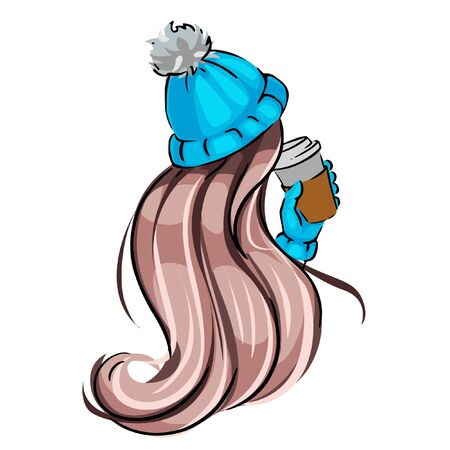 fashion sketch of a girl with long beautiful hair in a winter hat and a cup of coffee. Winter illustration of a woman from the back.のイラスト素材