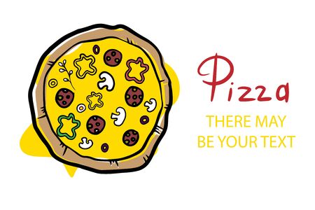 Italian pizza and ingredients top view frame. Italian food menu design template. Vintage hand drawn sketch, vector illustration. Engraved style illustration. Pizza label for menu.のイラスト素材