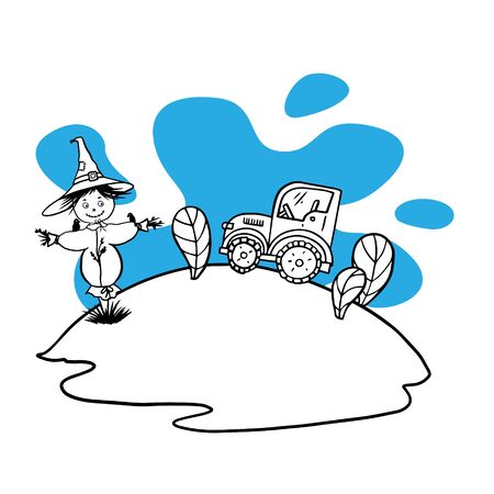Doodle sketch tractor in a field and a scarecrow, illustration on white backgroundのイラスト素材