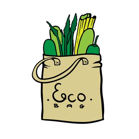 doodle sketch eco bag with vegetables, cartoon drawing on a white backgroundのイラスト素材