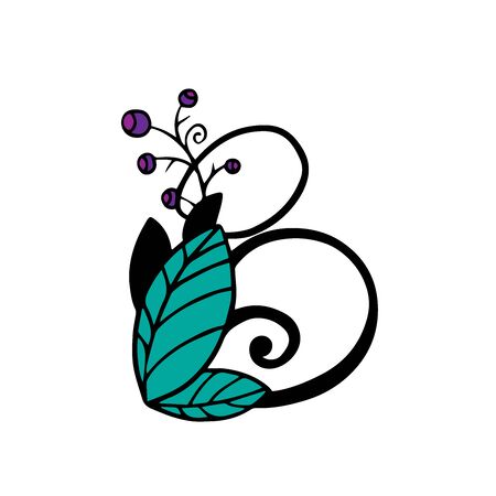 doodle sketch letter with leaves and berries on a white backgroundのイラスト素材