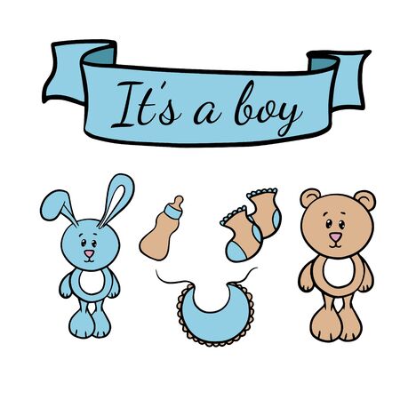 Doodle sketch illustration for postcards, layout, invitations for a baby boy newborn. Toys hare, teddy bear and children's things on a white background.のイラスト素材