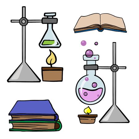 Doodle sketch chemical devices, flasks, books. Cartoon illustration on a white background.のイラスト素材