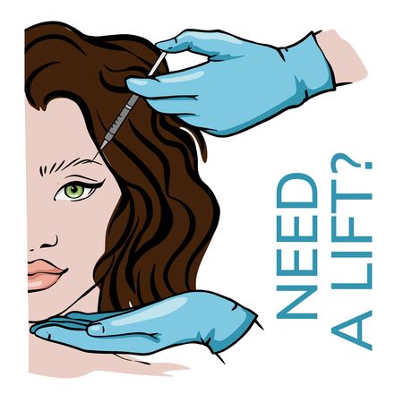 Cosmetic anti age treatment. Beautician makes an injection into the face of a woman. Simple illustration, doodle, sketch.のイラスト素材