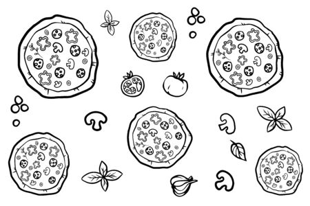 Italian pizza and ingredients top view frame. Italian food menu design template. Vintage hand drawn sketch,  illustration. Engraved style illustration. Pizza label for menu.の写真素材