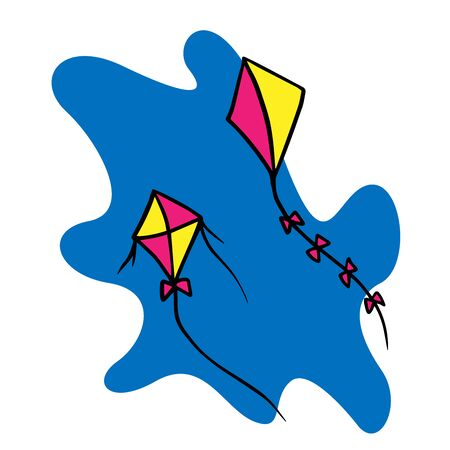 Doodle sketch of kites in the sky, cartoon drawing on a blue backgroundのイラスト素材